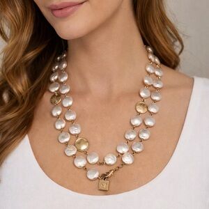 Anne Klein Baroque Coin Pearl Necklace Long Gold Tone Convertible